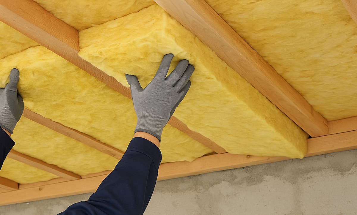 isolamento termico del soffitto, dettaglio mani